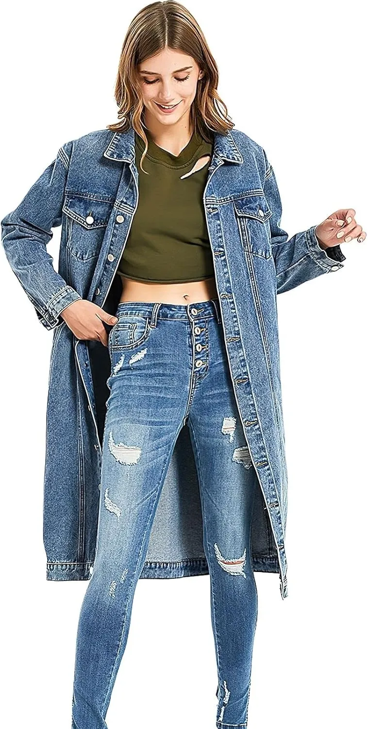 ebossy Women's Oversized Denim Trench Coat Distressed Button Down Loose Fit Boyfriend Long Jean Jacket
