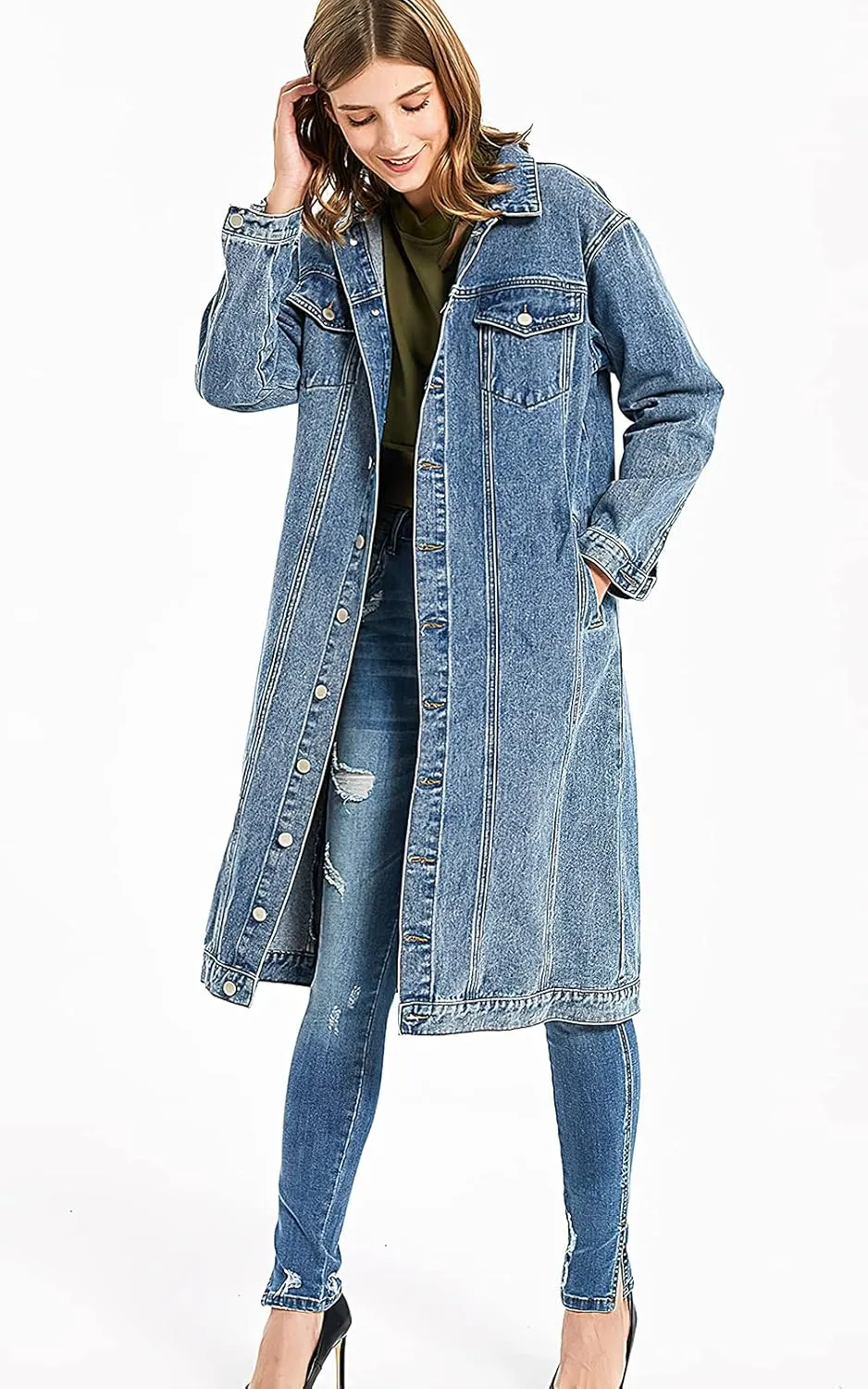 ebossy Women's Oversized Denim Trench Coat Distressed Button Down Loose Fit Boyfriend Long Jean Jacket