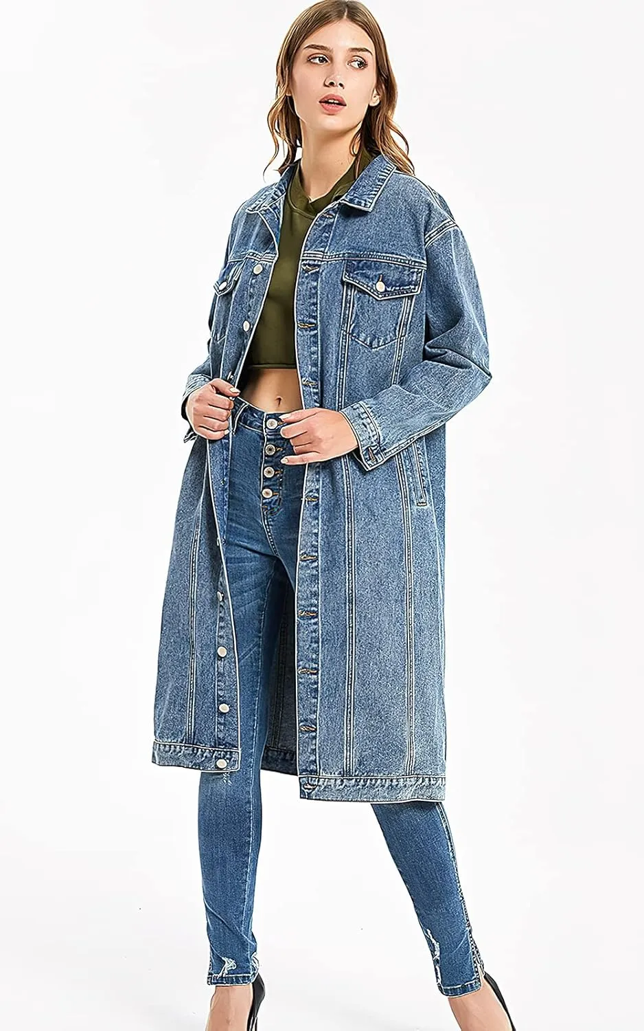 ebossy Women's Oversized Denim Trench Coat Distressed Button Down Loose Fit Boyfriend Long Jean Jacket