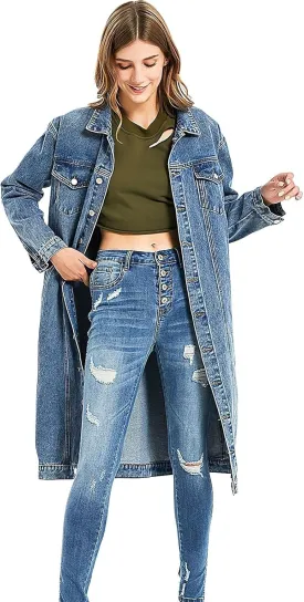 ebossy Women's Oversized Denim Trench Coat Distressed Button Down Loose Fit Boyfriend Long Jean Jacket