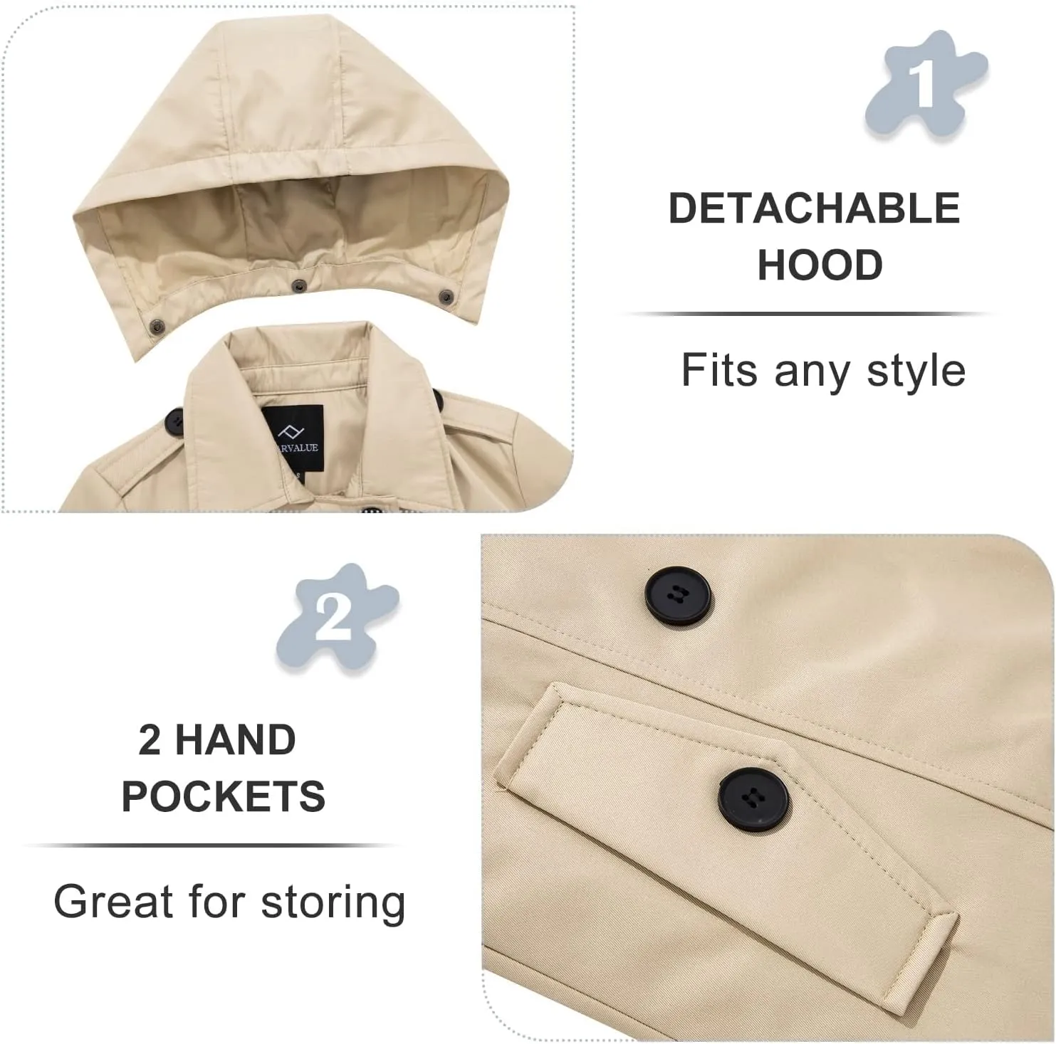 FARVALUE Women's Waterproof Trench Coat Double Breasted Windbreaker Classic Belted Lapel Overcoat with Removable Hood