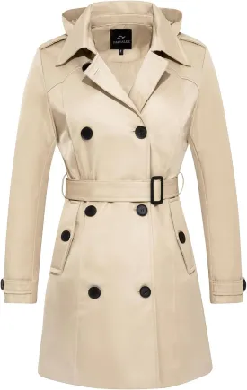 FARVALUE Women's Waterproof Trench Coat Double Breasted Windbreaker Classic Belted Lapel Overcoat with Removable Hood