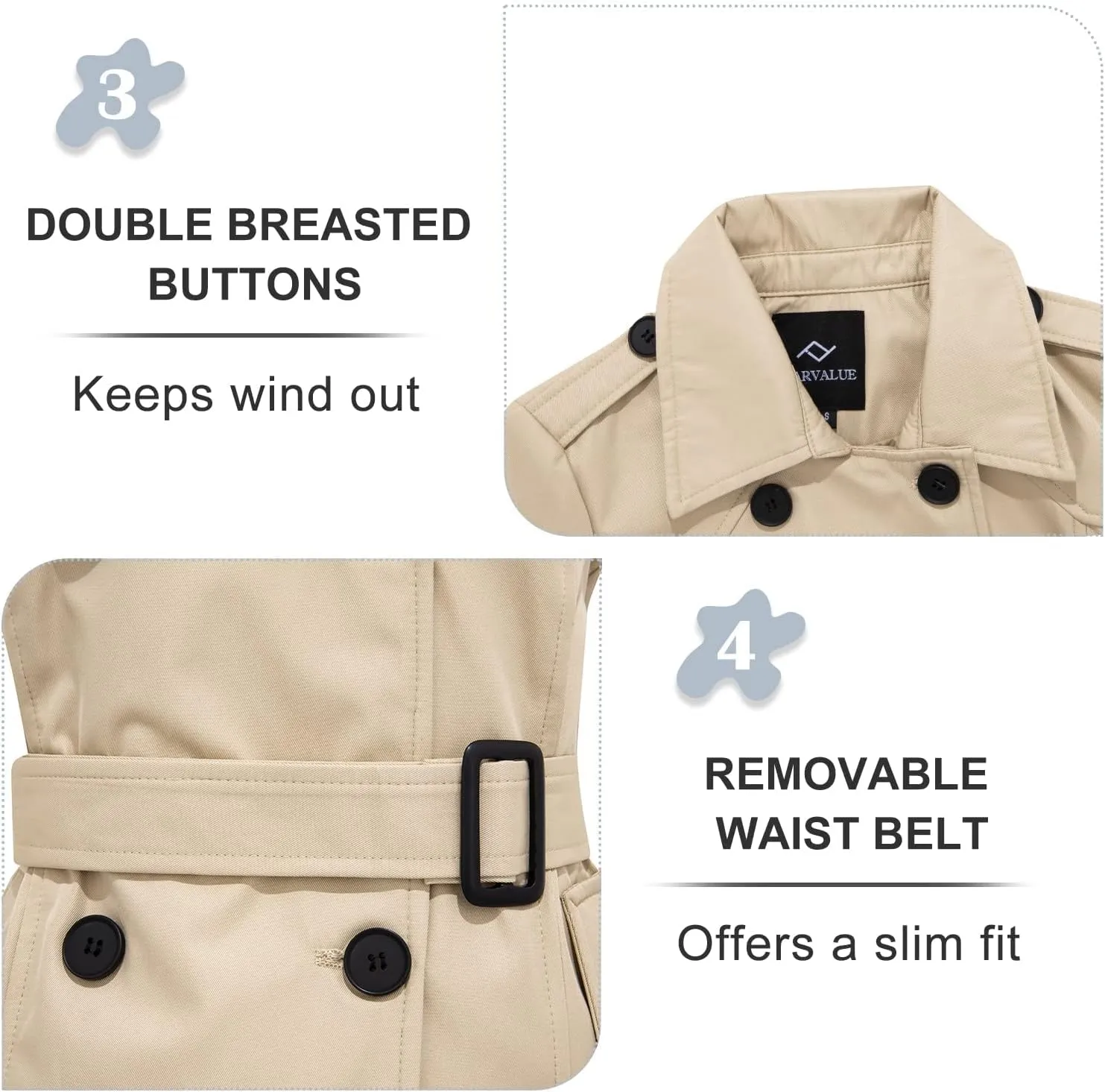 FARVALUE Women's Waterproof Trench Coat Double Breasted Windbreaker Classic Belted Lapel Overcoat with Removable Hood