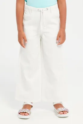 Girls White Plain Wide Leg Twill Jeans