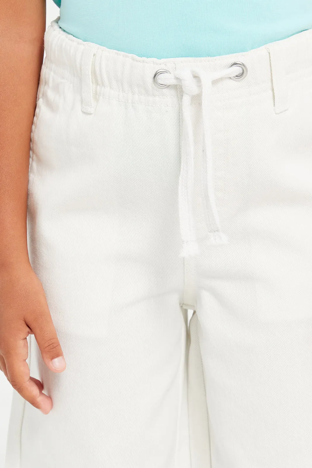 Girls White Plain Wide Leg Twill Jeans