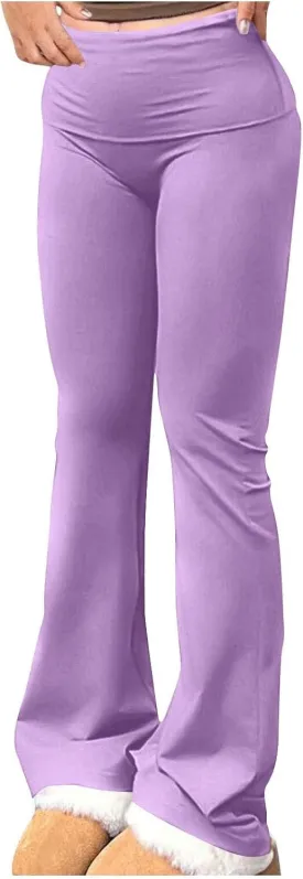 HGps8w Stretchy Flare Yoga Pants for Women Fold Over Kick Ruched High Waisted Outdoor Bell Bottom Joggers Sweatpants