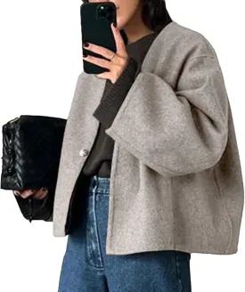 HOTIAN Women Plus Size Cropped Wool Blend Coats Long Sleeve Coat Jacket Peacoat Fall Winter Outwear Overcoat