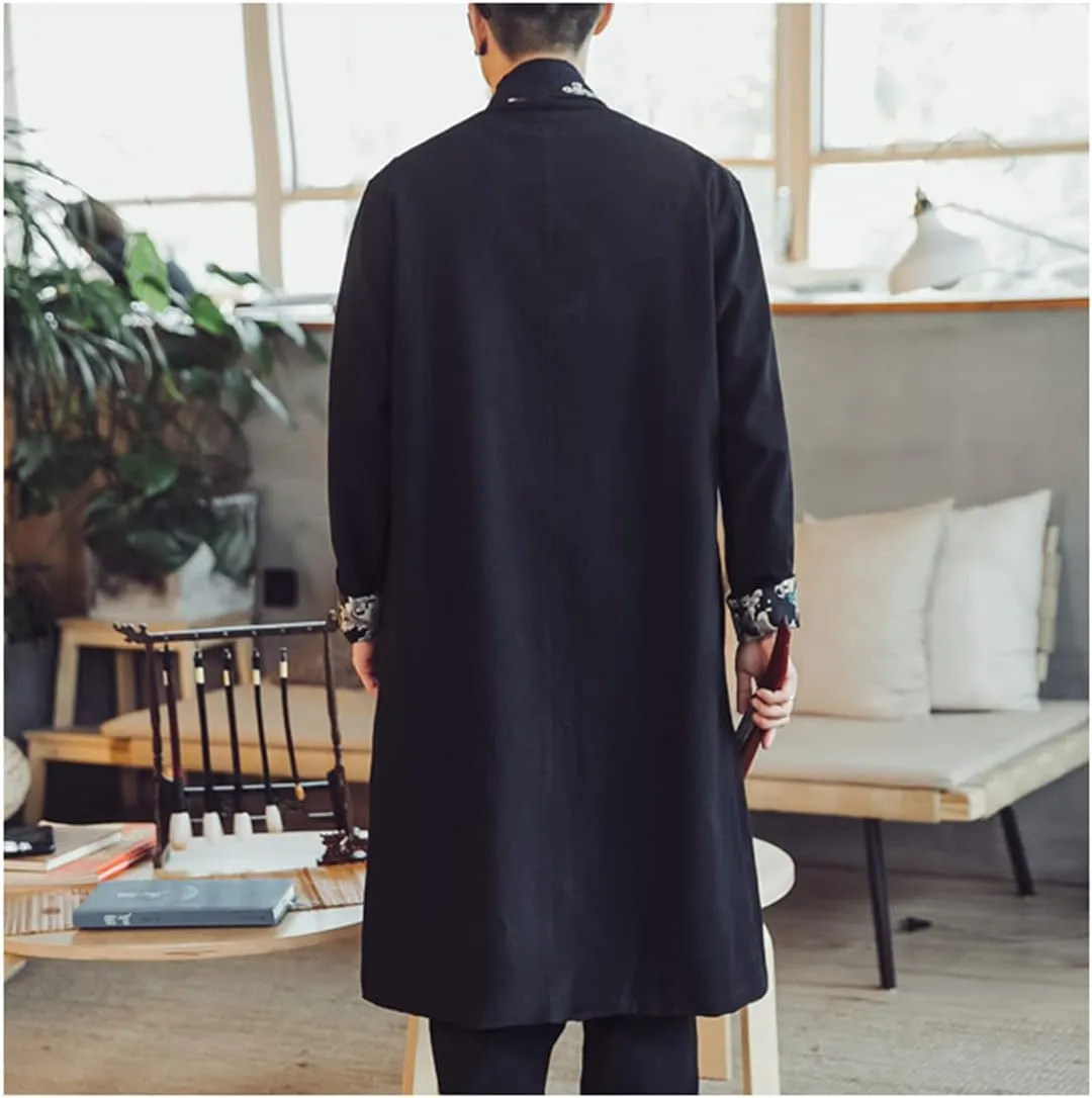 HZCX FASHION Mens Long Kimono Cardigan Open Front Print Cotton Linen Trench Coat