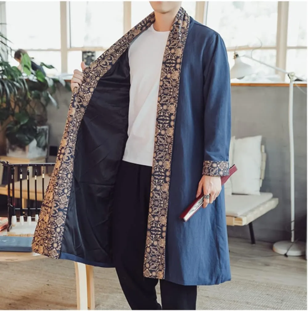 HZCX FASHION Mens Long Kimono Cardigan Open Front Print Cotton Linen Trench Coat