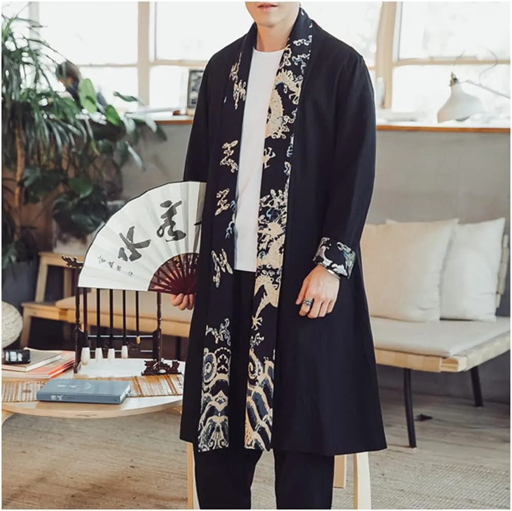 HZCX FASHION Mens Long Kimono Cardigan Open Front Print Cotton Linen Trench Coat