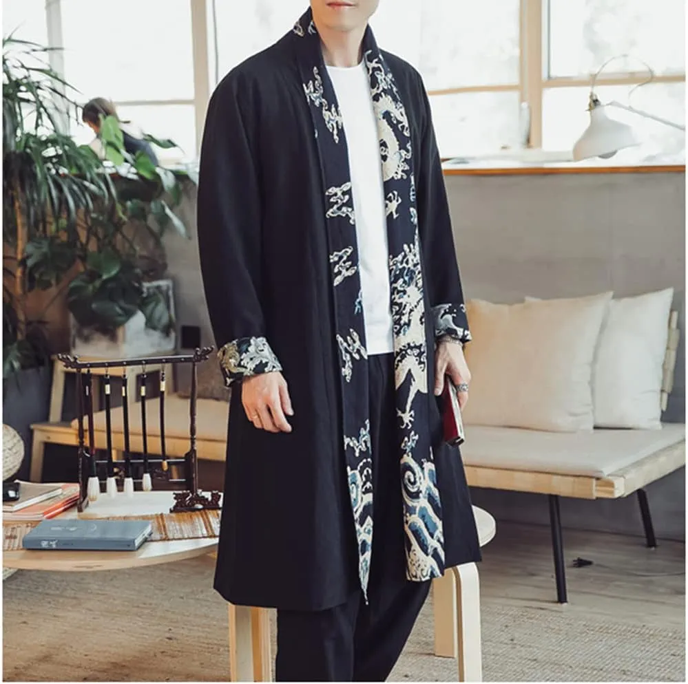 HZCX FASHION Mens Long Kimono Cardigan Open Front Print Cotton Linen Trench Coat
