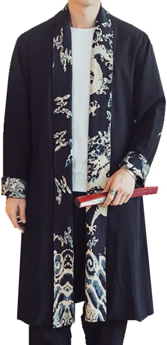 HZCX FASHION Mens Long Kimono Cardigan Open Front Print Cotton Linen Trench Coat