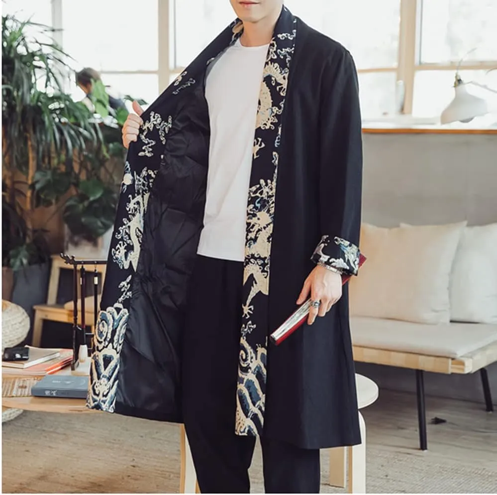 HZCX FASHION Mens Long Kimono Cardigan Open Front Print Cotton Linen Trench Coat