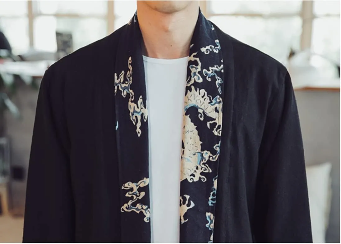 HZCX FASHION Mens Long Kimono Cardigan Open Front Print Cotton Linen Trench Coat
