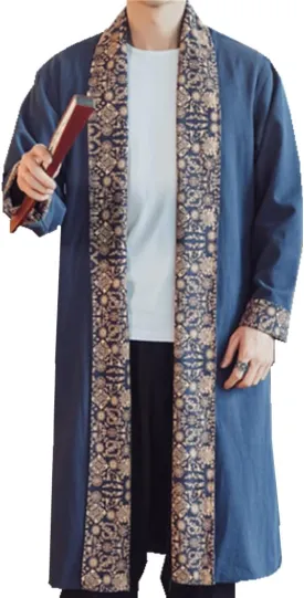 HZCX FASHION Mens Long Kimono Cardigan Open Front Print Cotton Linen Trench Coat
