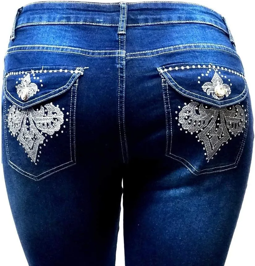 Jack David Women's Plus Size Blue/Black Curvy Stretch Flap Pocket Skinny/Bootcut/Cargo Denim Jeans Pants