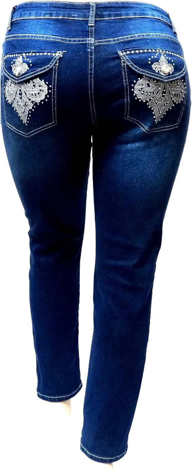 Jack David Women's Plus Size Blue/Black Curvy Stretch Flap Pocket Skinny/Bootcut/Cargo Denim Jeans Pants