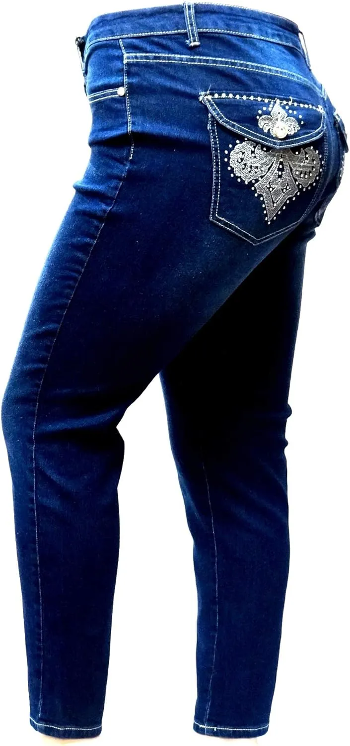 Jack David Women's Plus Size Blue/Black Curvy Stretch Flap Pocket Skinny/Bootcut/Cargo Denim Jeans Pants