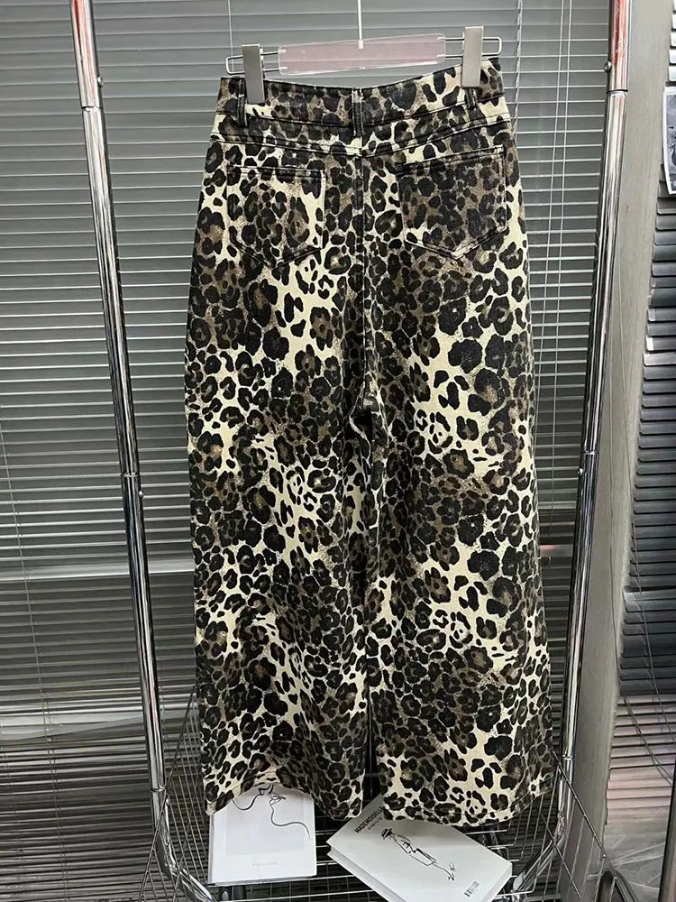 Leopard Ripped Wide Leg Jeans For Women High Waist Patchwork Button Loose Fashion Denim Pant Female Clothing