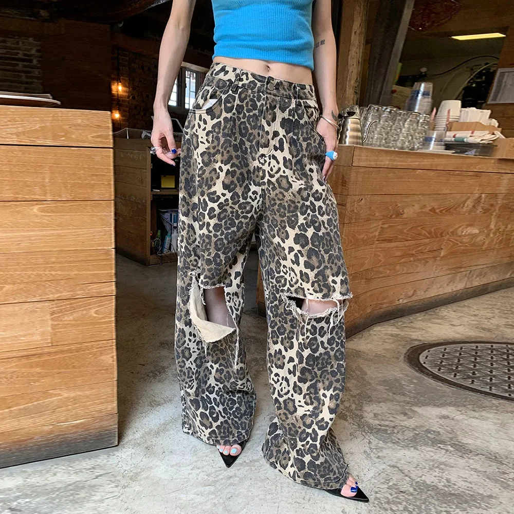 Leopard Ripped Wide Leg Jeans For Women High Waist Patchwork Button Loose Fashion Denim Pant Female Clothing