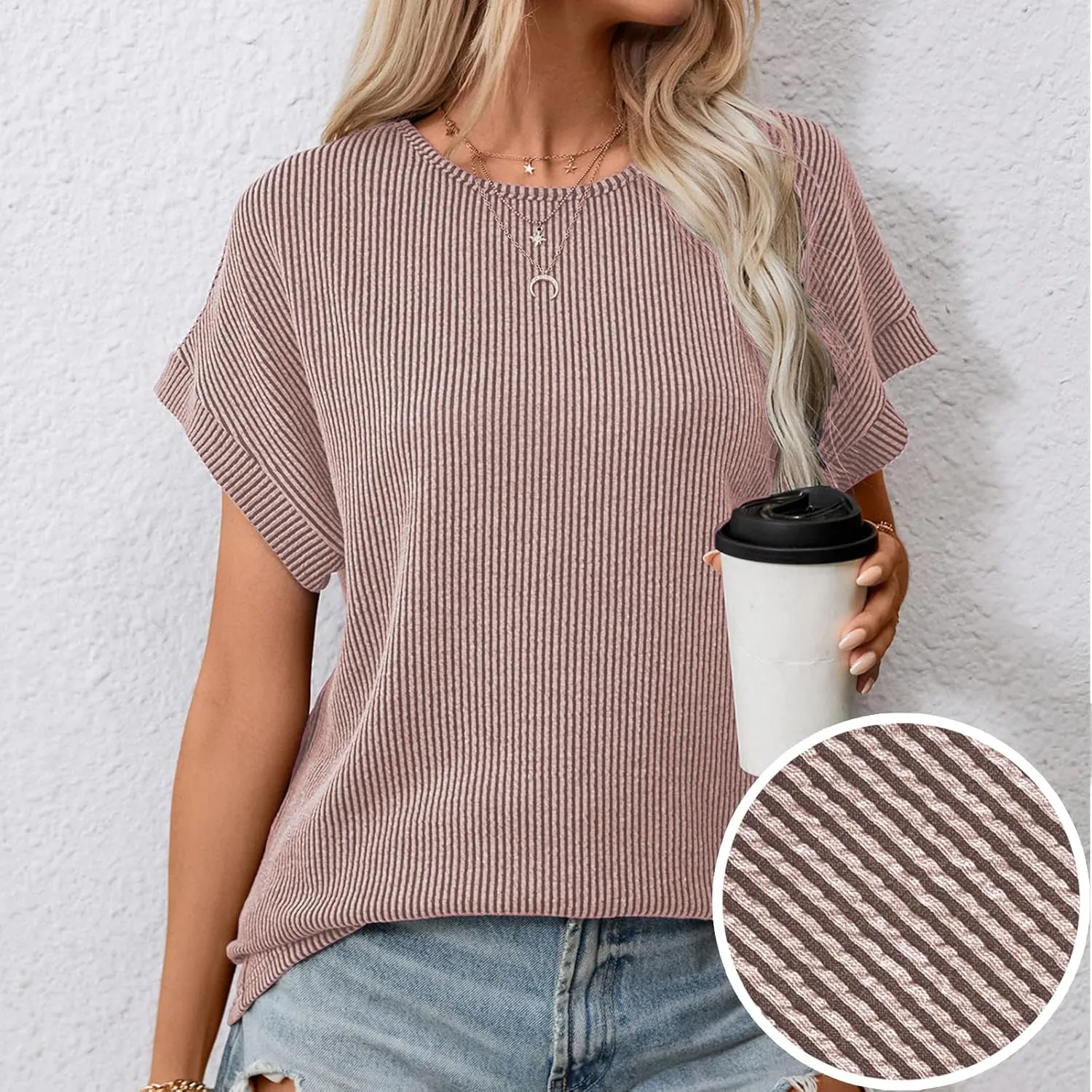 levaca Trendy Ribbed Womens Tops 2024 Summer Short Sleeve Loose Casual T Shirts Tops