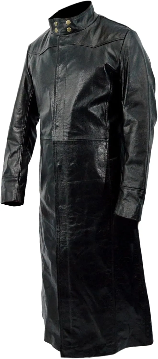 Long Black Leather Trench Coat With Button and Zipper Closure  Bold Elegance with a Timeless Edge