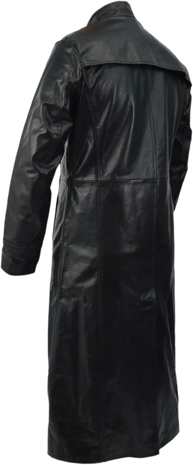 Long Black Leather Trench Coat With Button and Zipper Closure  Bold Elegance with a Timeless Edge