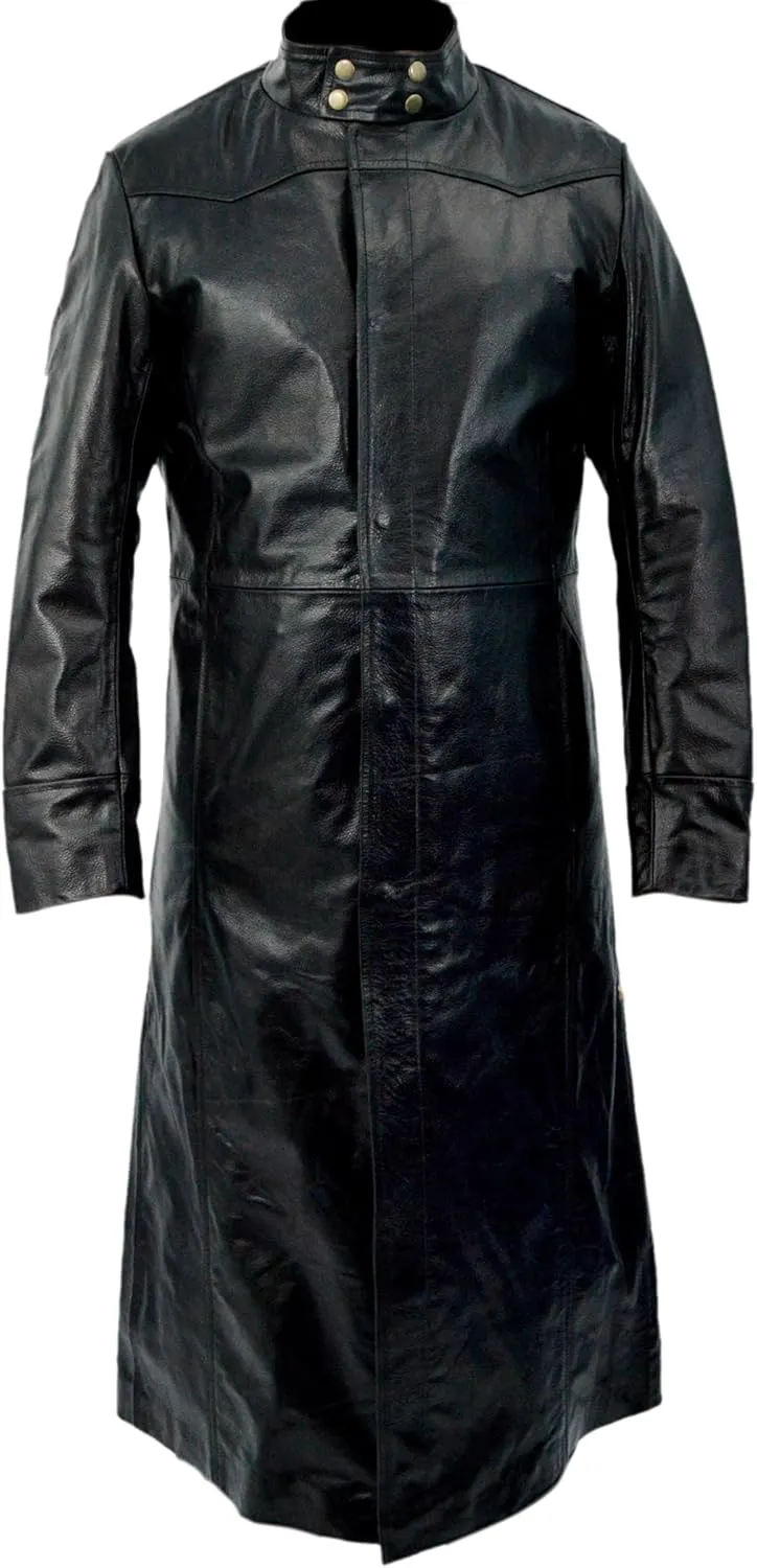 Long Black Leather Trench Coat With Button and Zipper Closure  Bold Elegance with a Timeless Edge
