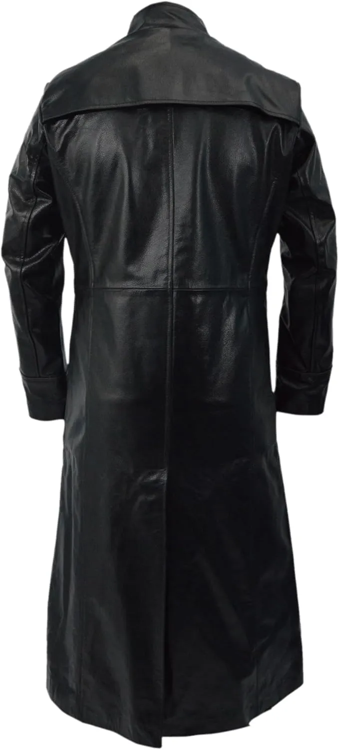Long Black Leather Trench Coat With Button and Zipper Closure  Bold Elegance with a Timeless Edge