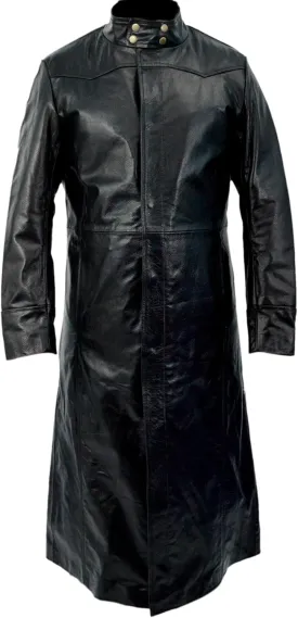 Long Black Leather Trench Coat With Button and Zipper Closure  Bold Elegance with a Timeless Edge