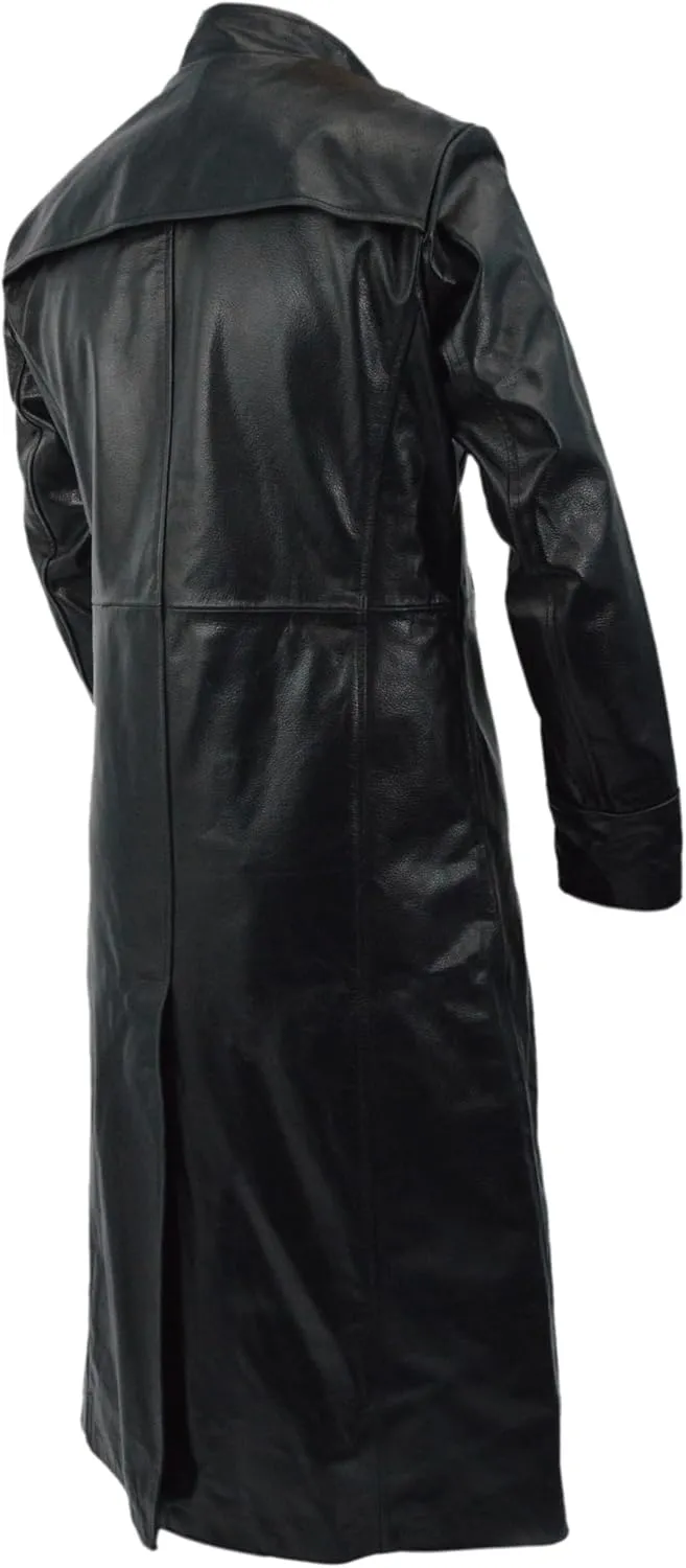 Long Black Leather Trench Coat With Button and Zipper Closure  Bold Elegance with a Timeless Edge