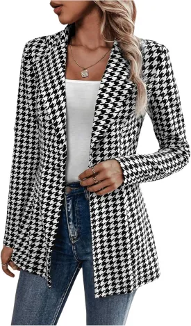 MakeMeChic Women's Houndstooth Blazer Jacket Lapel Collar Button Down Long Sleeve Suit Jacket Black and White Large