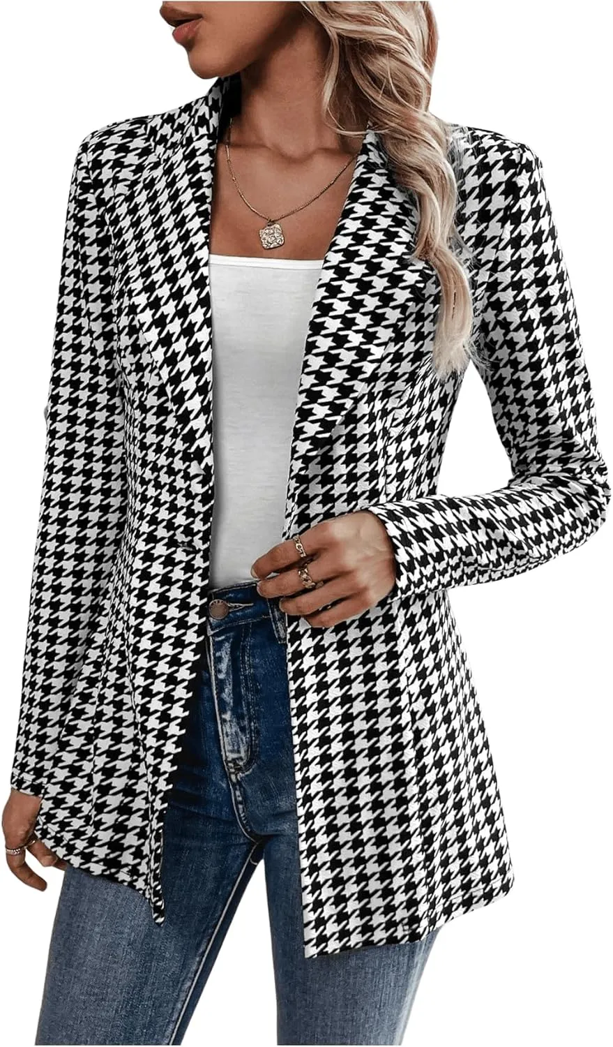 MakeMeChic Women's Houndstooth Blazer Jacket Lapel Collar Button Down Long Sleeve Suit Jacket Black and White Large