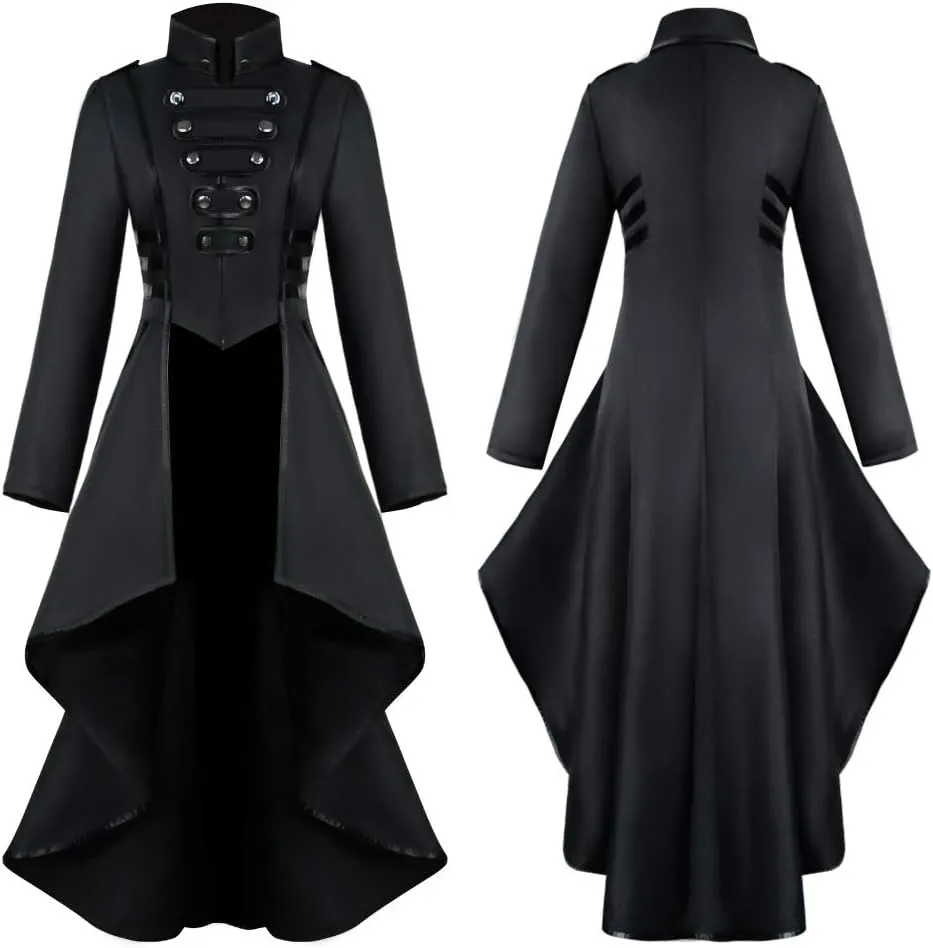 Nihsatin Vintage Womens Steampunk Victorian Swallow Tail Long Trench Jacket Black