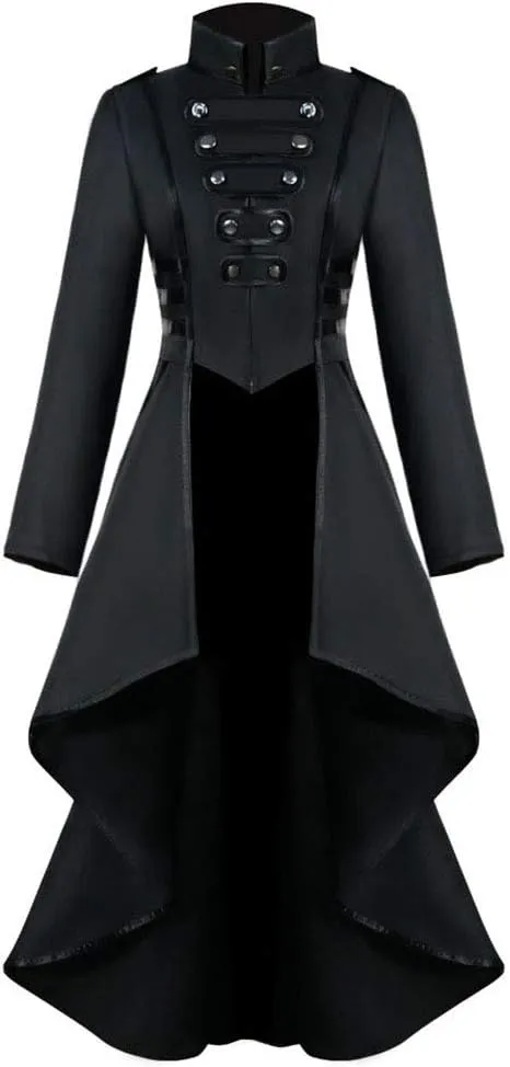 Nihsatin Vintage Womens Steampunk Victorian Swallow Tail Long Trench Jacket Black