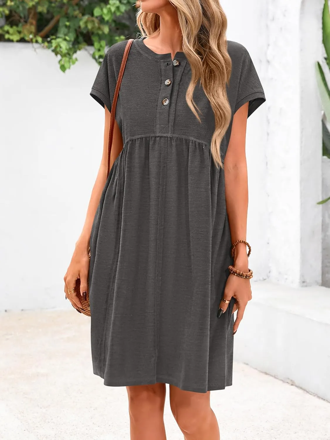 NOLLSOM Women's Summer Dresses 2025 Cap Sleeves Button Down Solid Oversized Short Dress Tshirt Mini Dress with Pockets