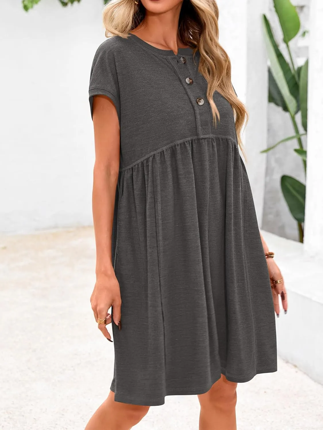 NOLLSOM Women's Summer Dresses 2025 Cap Sleeves Button Down Solid Oversized Short Dress Tshirt Mini Dress with Pockets