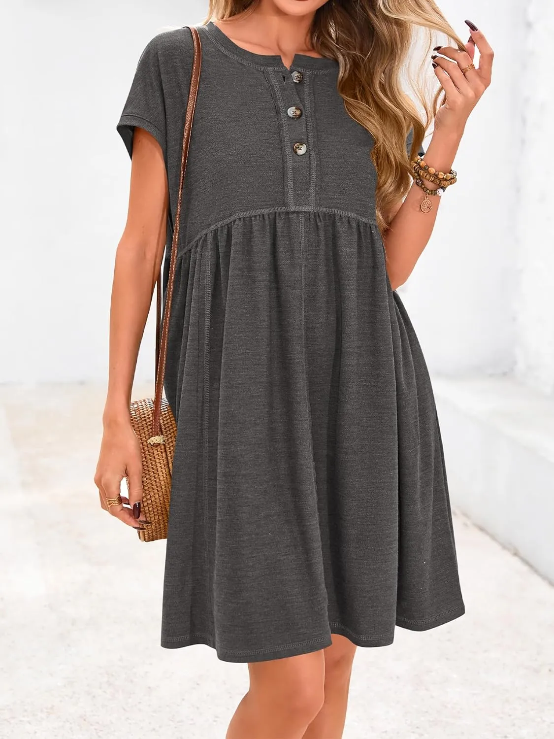 NOLLSOM Women's Summer Dresses 2025 Cap Sleeves Button Down Solid Oversized Short Dress Tshirt Mini Dress with Pockets