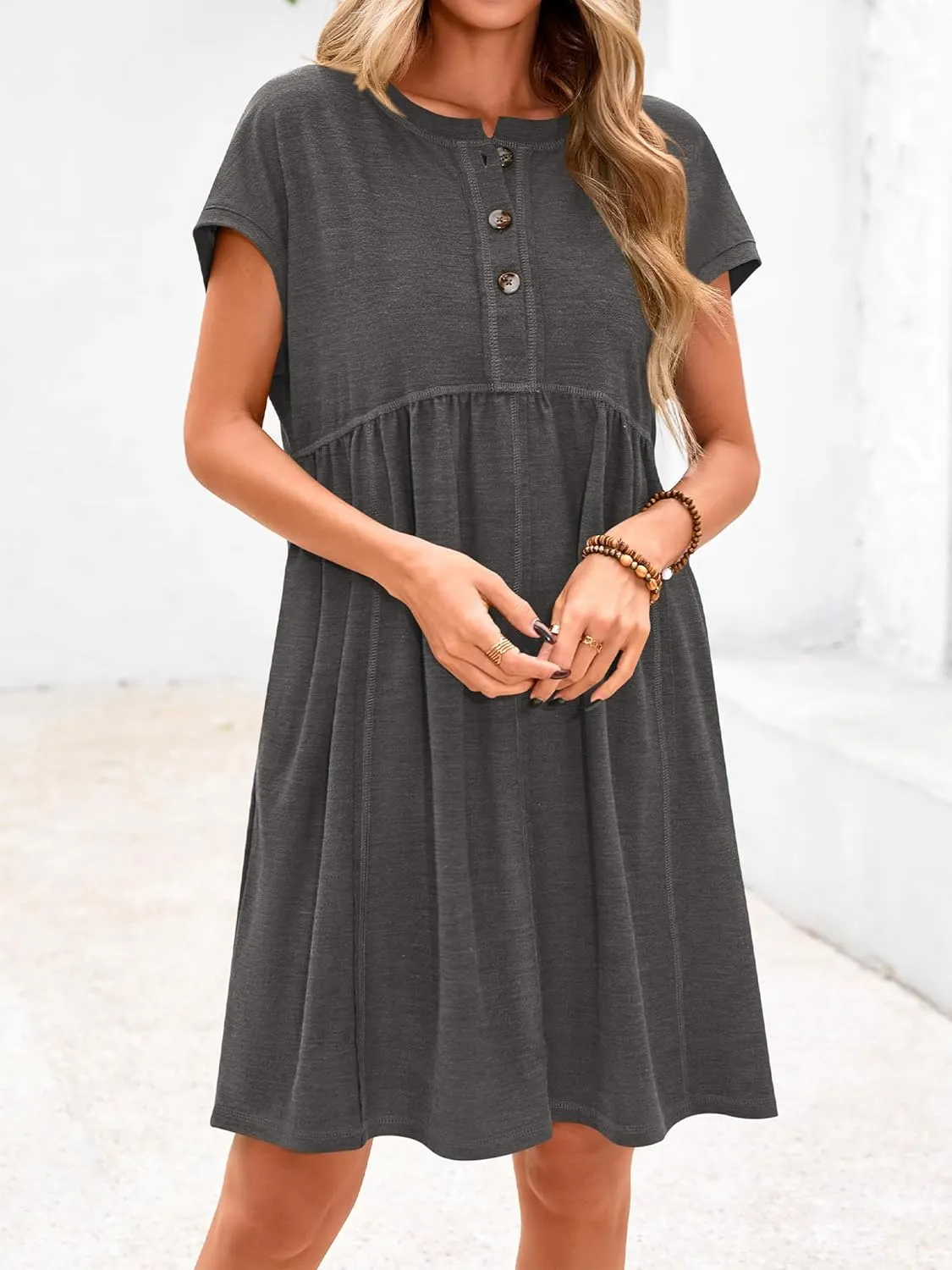 NOLLSOM Women's Summer Dresses 2025 Cap Sleeves Button Down Solid Oversized Short Dress Tshirt Mini Dress with Pockets