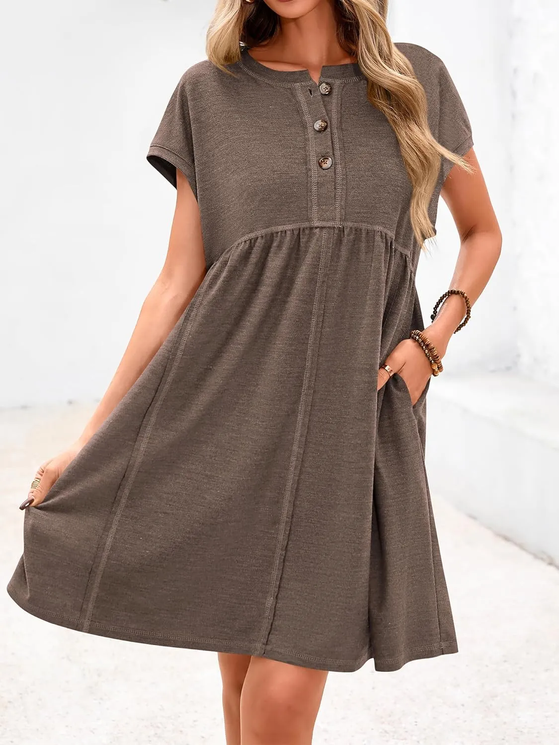 NOLLSOM Women's Summer Dresses 2025 Cap Sleeves Button Down Solid Oversized Short Dress Tshirt Mini Dress with Pockets