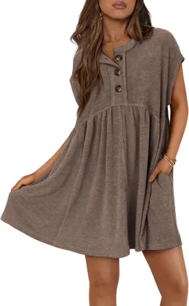 NOLLSOM Women's Summer Dresses 2025 Cap Sleeves Button Down Solid Oversized Short Dress Tshirt Mini Dress with Pockets