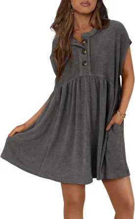 NOLLSOM Women's Summer Dresses 2025 Cap Sleeves Button Down Solid Oversized Short Dress Tshirt Mini Dress with Pockets