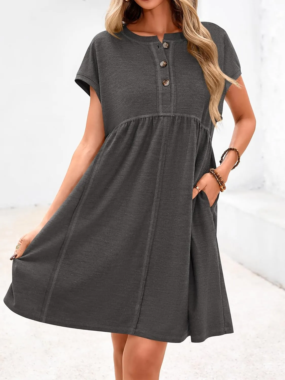 NOLLSOM Women's Summer Dresses 2025 Cap Sleeves Button Down Solid Oversized Short Dress Tshirt Mini Dress with Pockets