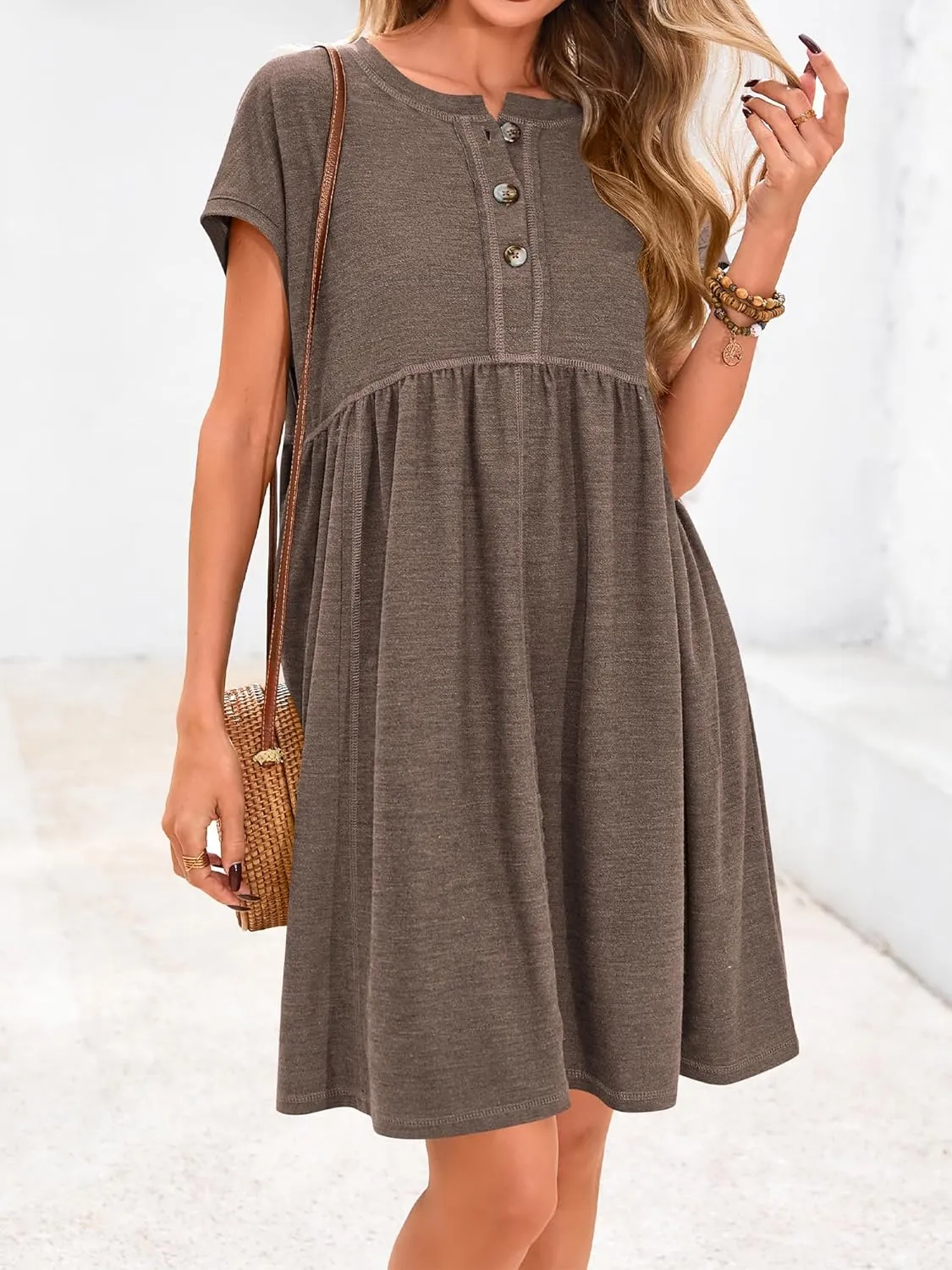 NOLLSOM Women's Summer Dresses 2025 Cap Sleeves Button Down Solid Oversized Short Dress Tshirt Mini Dress with Pockets