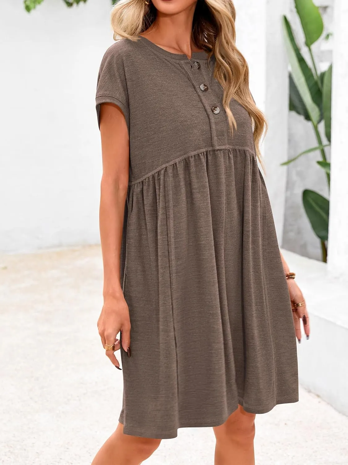 NOLLSOM Women's Summer Dresses 2025 Cap Sleeves Button Down Solid Oversized Short Dress Tshirt Mini Dress with Pockets