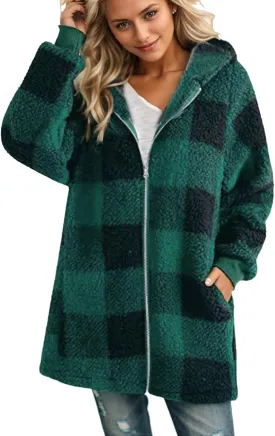 Plus Size Sherpa Jacket Women Plaid Oversized Fleece Full Zip Cardigan Sweater Comfy Fuzzy Winter Coat Hooded Outwear