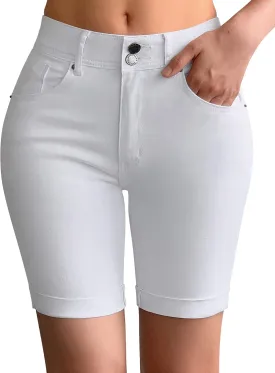 roswear Women's Mid Rise Skinny Butt Lifting Stretchy Bermuda Jeans Shorts