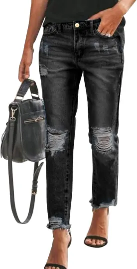 Sidefeel Women's Boyfriend Jeans Stretchy Ripped Distressed Zimbaplatinum Denim Pants Size 4-18