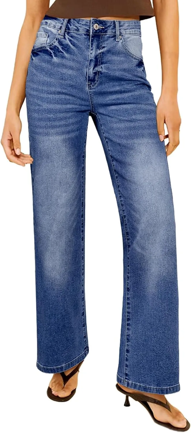 Sidefeel Women's Wide Leg Jeans Casual High Waisted Straight Zimbaplatinum Denim Pants with Pockets