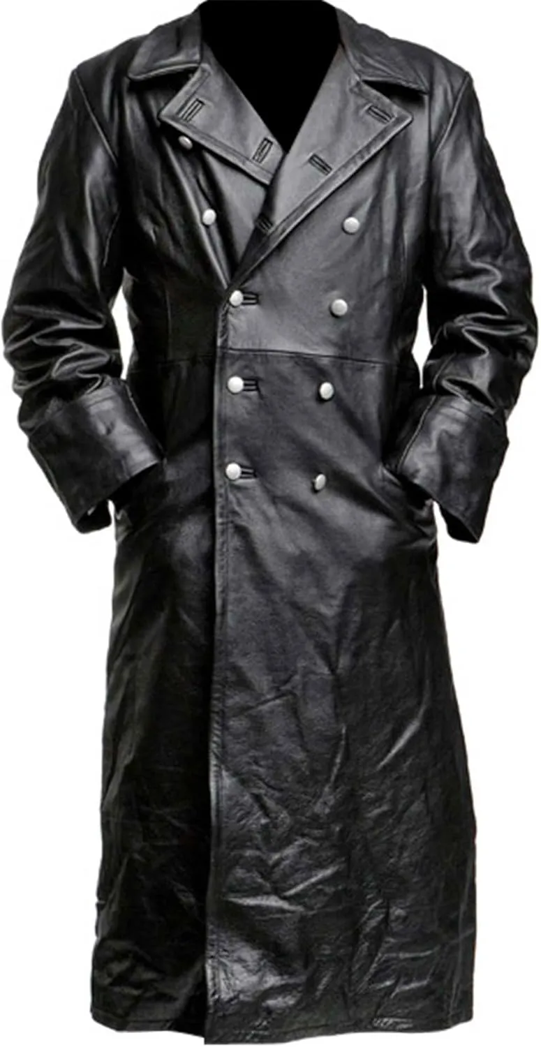 SpazeUp Mens Double Breasted Black Leather Trench Coat - Military Officer Uniform Vintage Black Jacket Coat Men